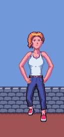 A white-skinned woman with blonde hair slightly sitting on a short brick wall, she’s wearing a white tank top, blue jeans with a belt and red
sneakers